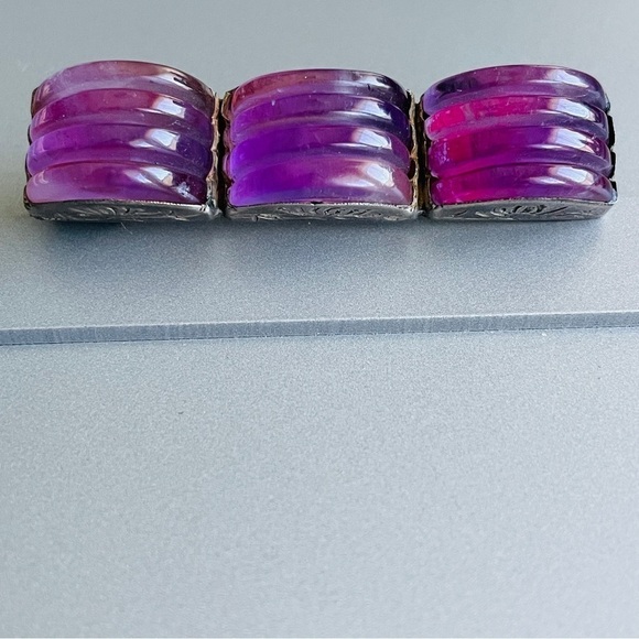 Antique Chinese Carved Amethyst Sterling Silver Ribbed Rectangle Pin Bro… - Picture 7 of 12